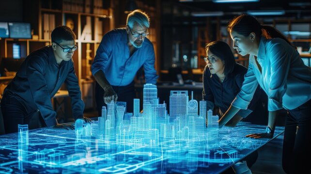 group of professionals at a high-tech table with a holographic projection of a cityscape. Urban planning or design concept - Powered by Adobe