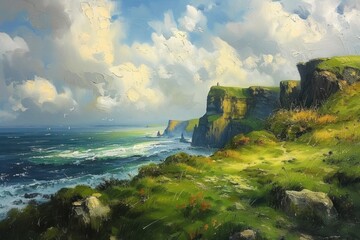 Majestic cliffs overlook the coastline, as the emerald isle's untouched beauty captivates with its peaceful and picturesque panorama.. - obrazy, fototapety, plakaty