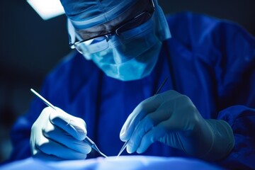 Surgeon in Blue Scrubs Sterilizing Hands With Scissors - obrazy, fototapety, plakaty