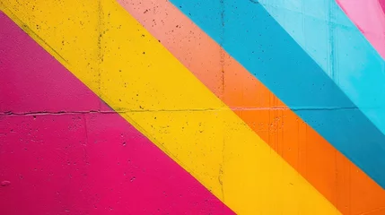 Deurstickers A digital artwork showcases the creative use of color and motion, as diagonal lines in pink, yellow, and blue create an abstract pattern that is both bold and stylish, colorful background © Anna