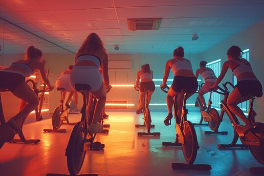 A dynamic group cycling class pedals in rhythm against a tropical sunrise backdrop, united by motivation and a shared fitness journey..