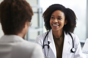Smile, woman or doctor consulting a patient in meeting in hospital for healthcare feedback or support. Happy, medical or nurse with a mature person talking or speaking of test results or advice - obrazy, fototapety, plakaty