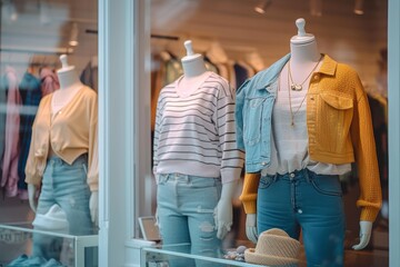 A fashionable mannequin stands proudly in the boutique's display window, showcasing the latest jeans and clothing trends for passersby on the busy street - obrazy, fototapety, plakaty