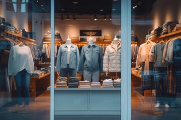A fashionable boutique display window showcases a variety of trendy clothing on mannequins, inviting passersby to step inside and explore the stylish offerings within - obrazy, fototapety, plakaty