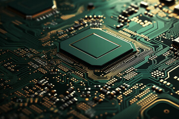 Print circuit board in green and golden colours. Electronic components. Modern technological background