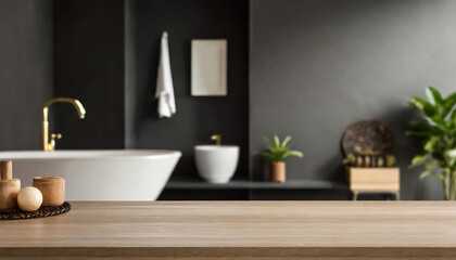 Light wooden bathroom countertop with vase on stylish sunny batroom background with black bath, light wall and city view from huge window