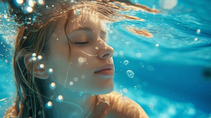 Woman Swimming Underwater in a Pool - obrazy, fototapety, plakaty