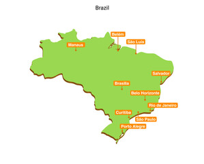 3d vector illustration graphic green color geographical map of Brazil with largest cities shown