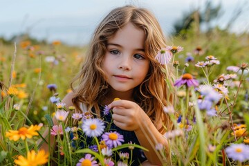 Lost in a sea of vibrant blooms, a young girl gazes up at the endless summer sky, her face illuminated by the golden glow of the sun