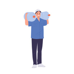 Happy smiling deliveryman cartoon character carrying two bottles of purified water isolated on white