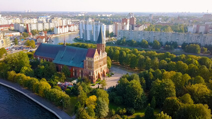 Kaliningrad Cathedral on the island of Kant. Russia, Kaliningrad, From Drone