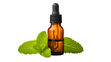 Peppermint essential oil in amber dropper bottle with fresh mint leaf isolated on white background 