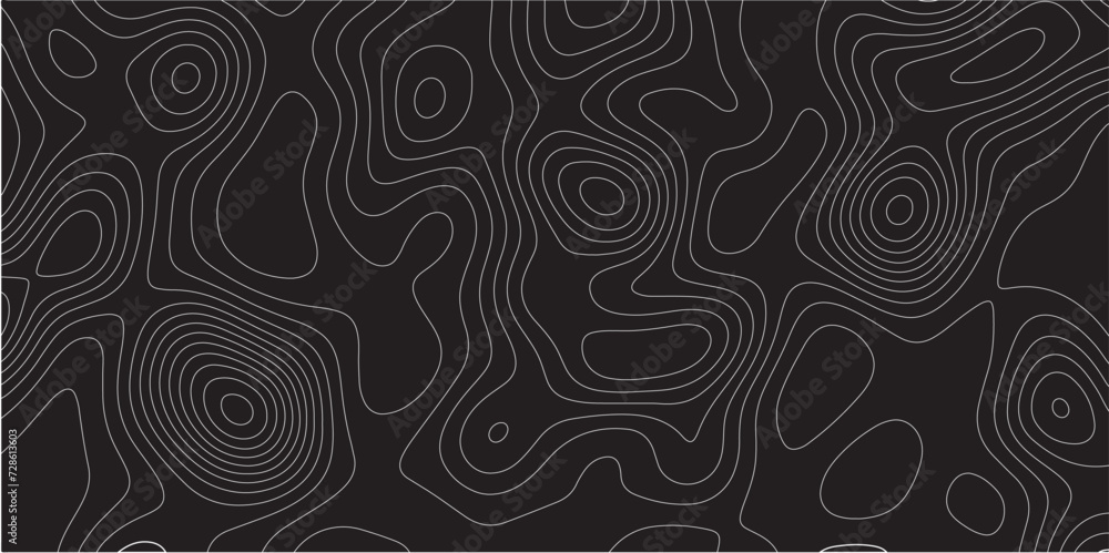 Poster Abstract white on black background Topographic line map pattern. Contour elevation topographic and textured Background Modern design with black background with topographic wavy patte.
