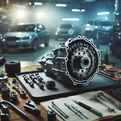 car gearbox and a set of tools for repair on the background of a service station