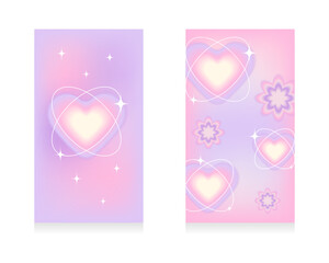 Set of gradient pink and purple blurred backgrounds in pastel colors.Background  for social media stories with blurred y2k hearts with linear orbits, stars. Social networking concept. Vector.