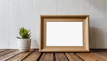 Horizontall wood frame mock up. Wooden frame poster on wooden floor with white wall. Landscape frame