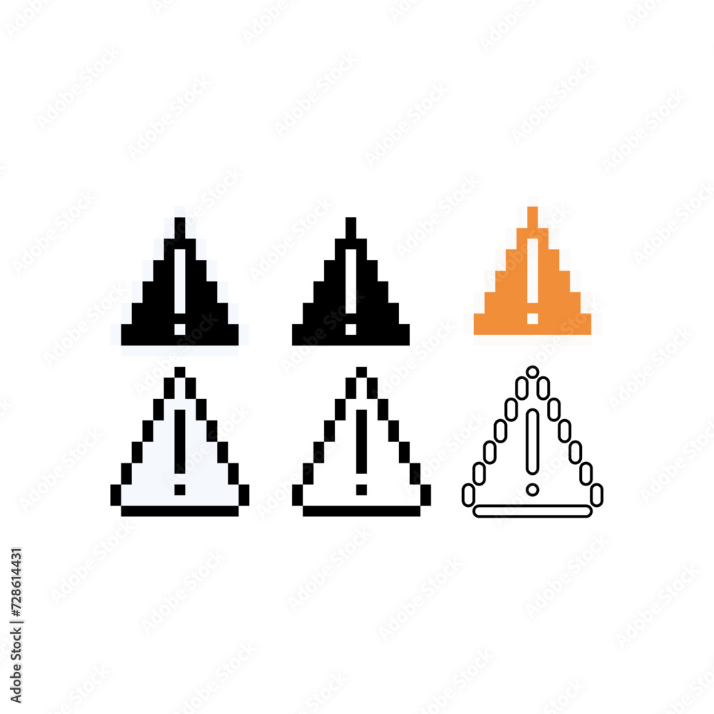 Poster pixel art outline sets icon of danger sign logo variation color.exclamation sign icon on pixelated s