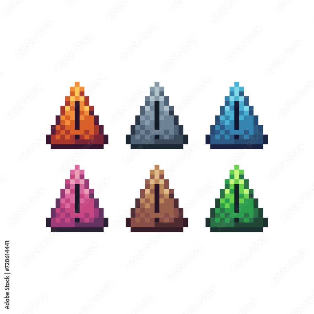 Poster pixel art sets icon of danger sign logo variation color.exclamation sign icon on pixelated style. 8b