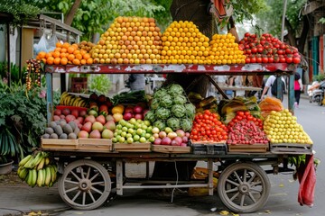 Fototapeta na wymiar A Cart Full of Fruits and Vegetables on a Street