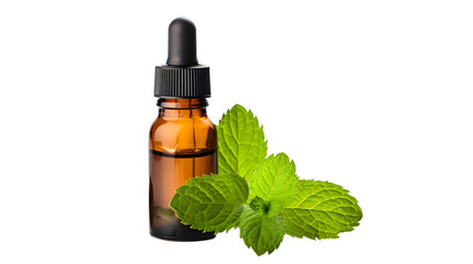 Peppermint essential oil in amber dropper bottle with fresh mint leaf isolated on white background 