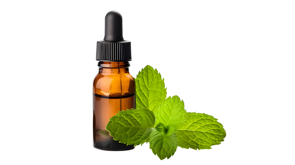 Peppermint essential oil in amber dropper bottle with fresh mint leaf isolated on white background 