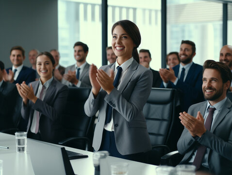 Happy business people in meeting at desk with applause, cheers and celebration of sales target achievement. Clapping, praise and congratulations with success, motivation for men and women in office