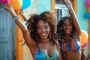 Joyful showgirls adorned in colorful makeup and clothing, with balloons and confetti in hand, dance...