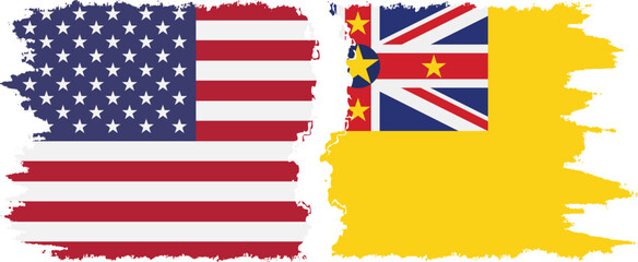 Niue and USA grunge flags connection vector