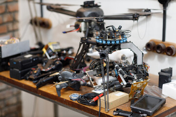 Workshop and repair production quadrocopter drones with parts stuff