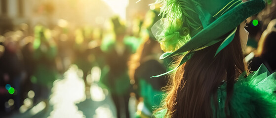 Woman wear green hat, leprechaun, St. Patrick's day Parade, Saint Patrick, Green hat, Ireland's celebration holiday, people dress green color, Background cover banner landscape Irish Culture