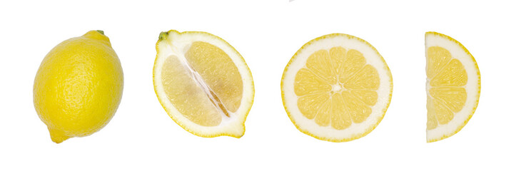 Several pieces in a row of cut lemon on a cutout PNG transparent background