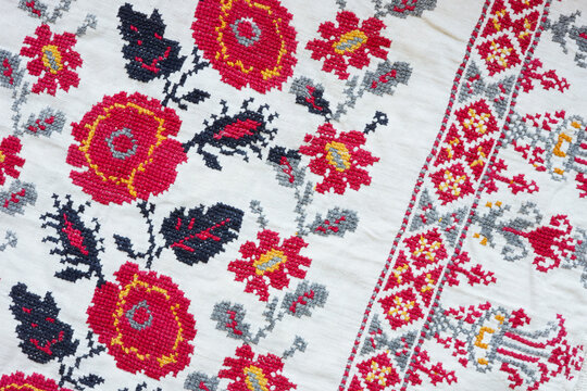 Close-up of Ukrainian cultural embroidery with ethnic patterns.
