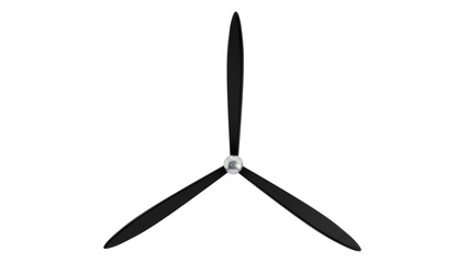 Black three-bladed aircraft propeller isolated on transparent and white background. Aircraft concept. 3D render
