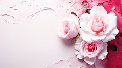 The three pink roses on the pink and white painted wall had a rough appearance.