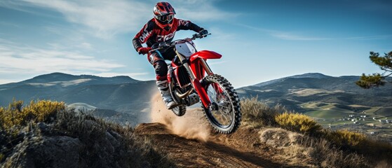 motorcycle stunt or car jump, A off road moto cross type motor bike in mid air during a jump with a dirt trail - obrazy, fototapety, plakaty