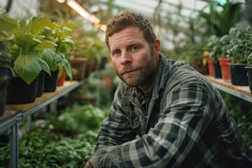 man, urban vertical farm manager overseeing hydroponic systems inside greenhouse