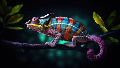 Foto op Canvas The chameleon is painted in different colors on a branch © terra.incognita