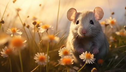 Grey rat in flower field at sunset in summer