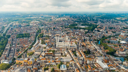 Fototapeta na wymiar Ghent, Belgium. Panorama of the city from the air. Cloudy weather, summer day, Aerial View