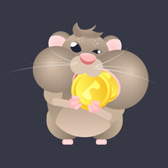 Hamster with coins. The concept of income preservation. Cryptocurrency income of beginners