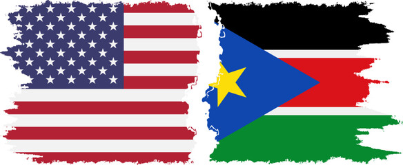 South Sudan and USA grunge flags connection vector