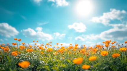 Beautiful natural background with orange flower field and blue sky large copyspace area with copy space for text,