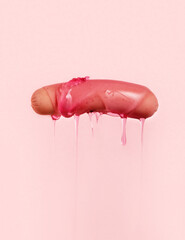 Sausage with dripping pink sauce on pink background. - obrazy, fototapety, plakaty