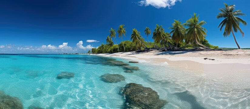 Palm trees along the edge of a white sand beach during bright sunshine