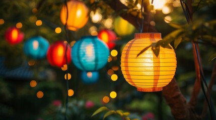Fototapeta premium Colorful lanterns hanging from tree branches, illuminating a festive garden party