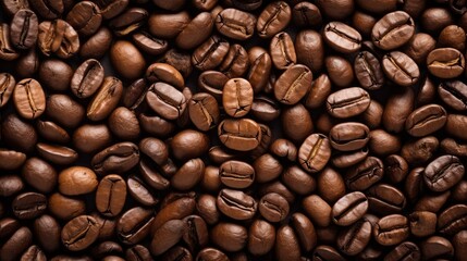 Obraz premium Coffee background. Coffee beans close-up, top view. Coffee texture. Ingredient for preparing a flavored drink. Dark background for design