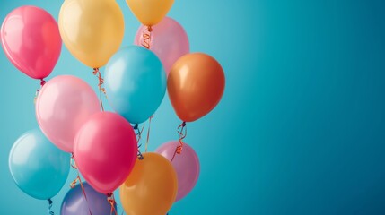 An unadorned background featuring a simple frame and a cascade of colorful, helium-filled balloons