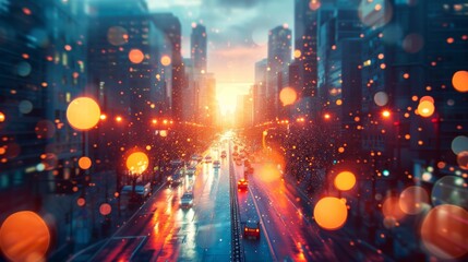 Glowing city streets at twilight, where urban life transforms into a luminous wonderland