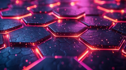 Glowing neon hexagons in a honeycomb pattern, symbolizing technological unity