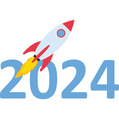 New Year 2024 with rocket launch creative, Inspirational business plan, marketing strategy, team work, Vector illustration.